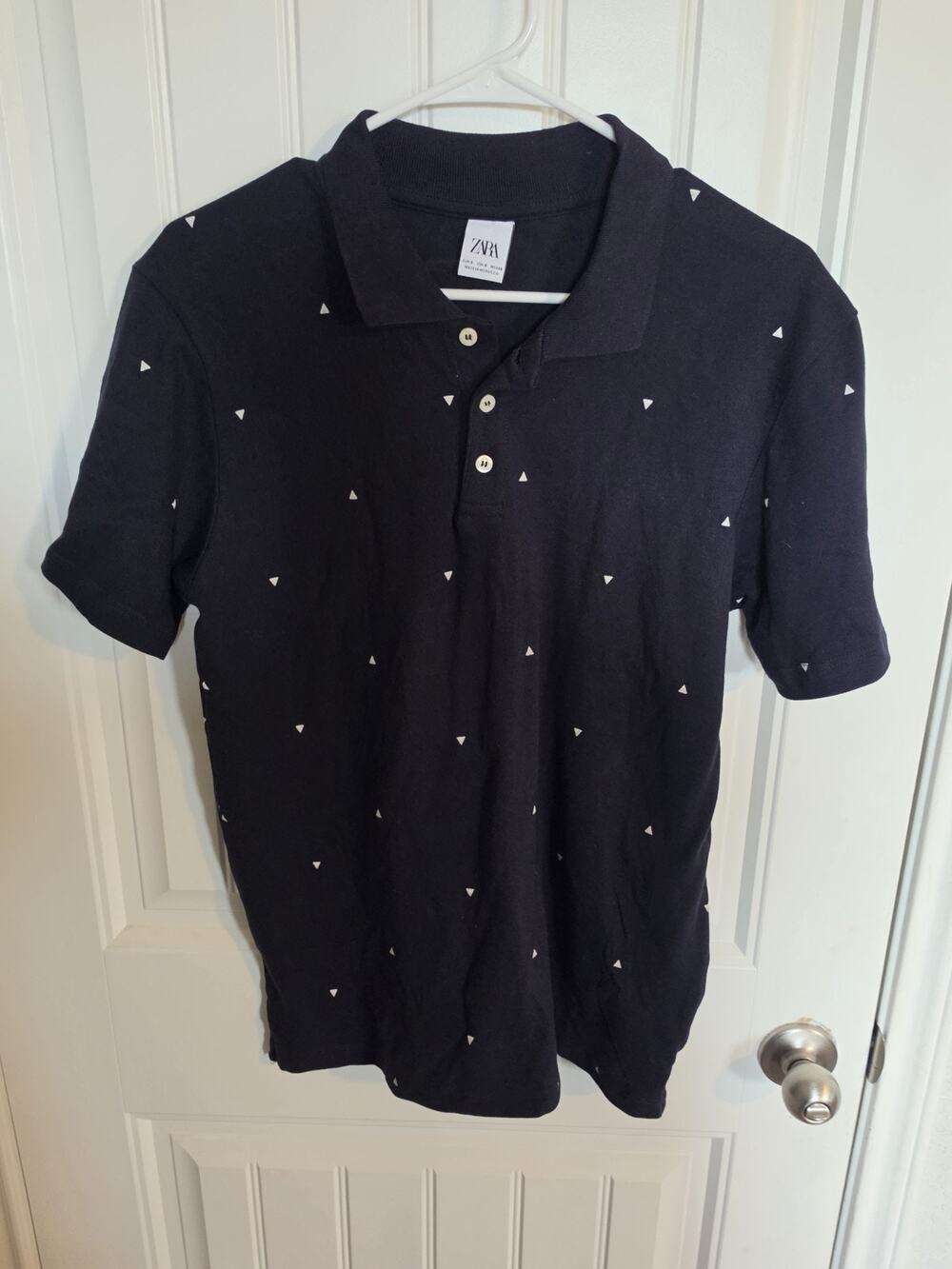 ZARA Mens Small Navy Blue Polo Shirt White Triangle Geometric Print Short Sleeve